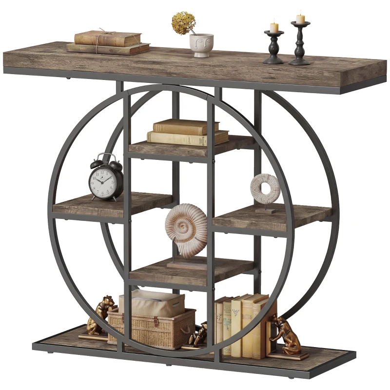 HOMCOM 39.4" Console Table with Storage Shelves, Industrial Sofa Table for Living Room, Hallway, Rustic Brown