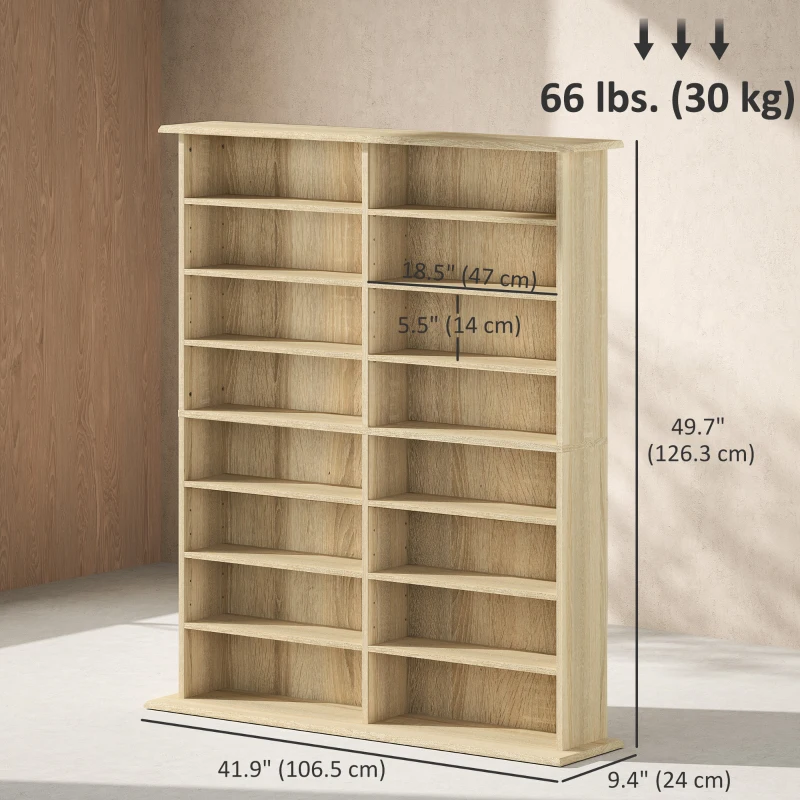 HOMCOM 8-Tier DVD Shelf with 12 Adjustable Shelves, Double CD Shelf, Holds 720 CDs, 396 DVDs or 396 Blu-rays, Natural Wood