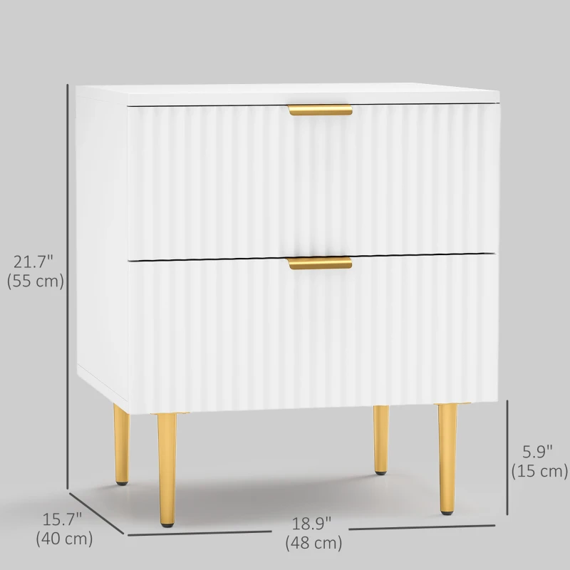 HOMCOM Bedside Table, Modern Nightstand with 2 Drawers, Side End Table with Metal Legs for Living Room, Bedroom, White