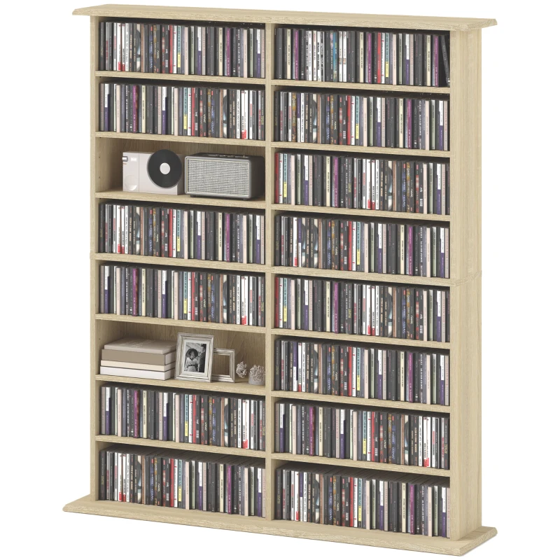 HOMCOM 8-Tier DVD Shelf with 12 Adjustable Shelves, Double CD Shelf, Holds 720 CDs, 396 DVDs or 396 Blu-rays, Natural Wood