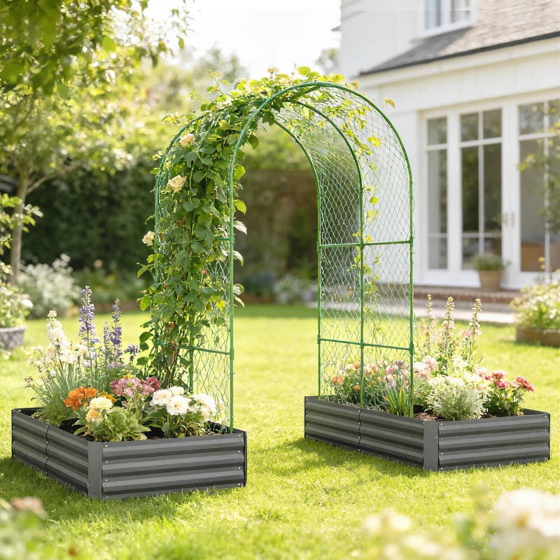 Outsunny Metal Raised Garden Bed with Trellis, Galvanized Garden Bed Kit Outdoor Garden Box with Trellis, Dark Grey