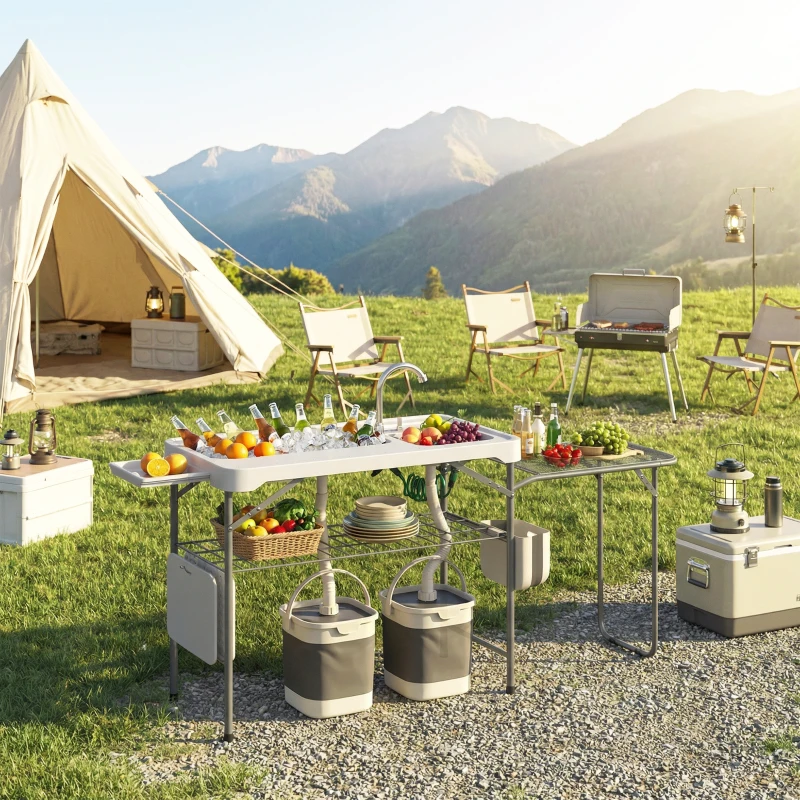 Outsunny Fish Cleaning Table Folding Sink Portable Camping Sink with Side Shelf & Bottom Rack for Outdoor White