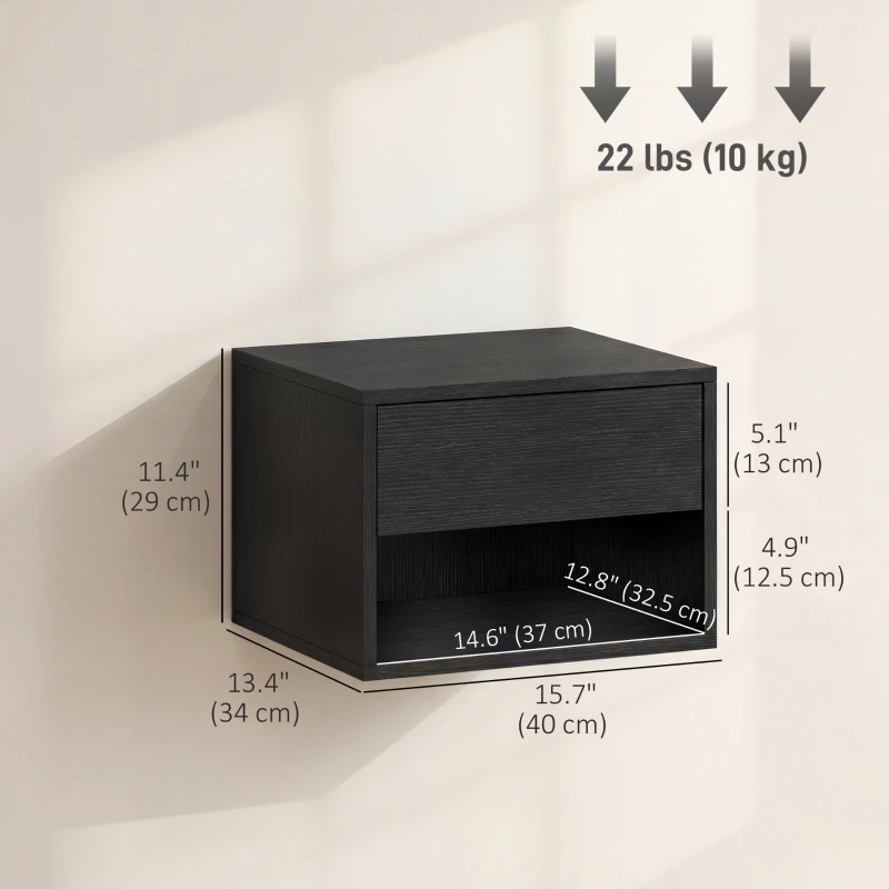 HOMCOM Floating Nightstand Set of 2, Wall Mounted Bedside Table with Drawer for Bedroom Black