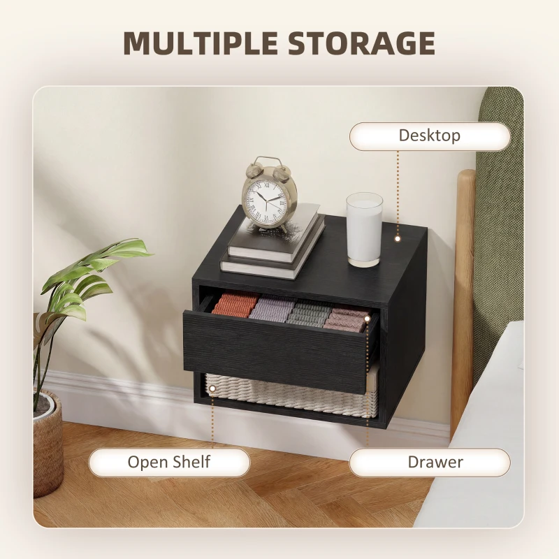 HOMCOM Floating Nightstand Set of 2, Wall Mounted Bedside Table with Drawer for Bedroom Black