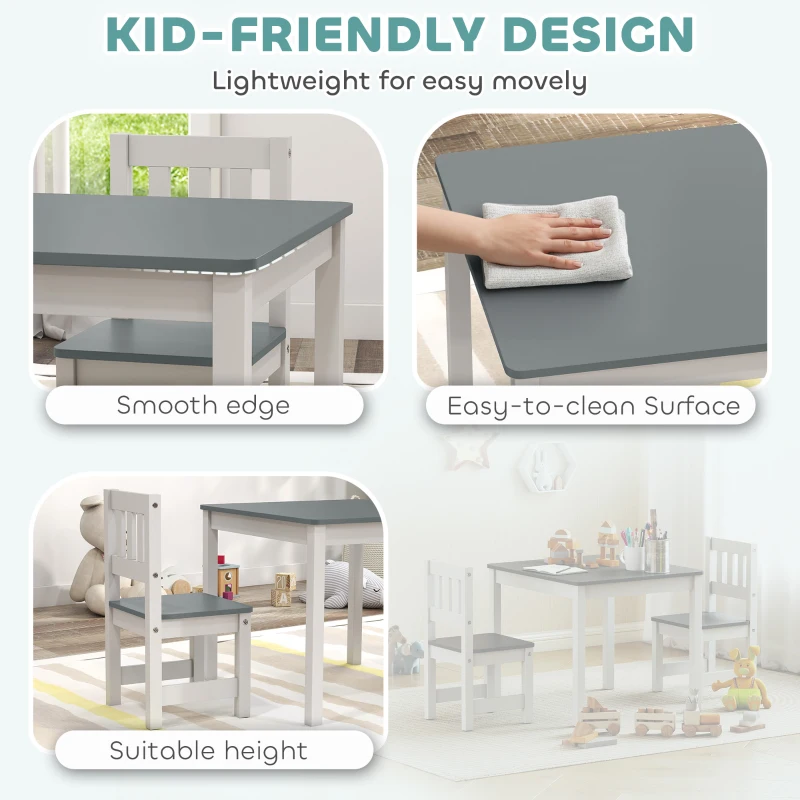 Qaba Kids Table and Chairs Set, Toddler Table and 2 Chair Set for Activity, Art, Craft, Reading, Learning, Grey