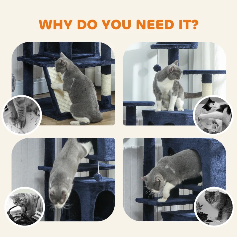 PawHut 63" Cat Tree, Multi-Level Cat Tower with Scratching Posts, Cat Condos, Bed, Platforms, Ramp, Toy Ball, Dark Blue