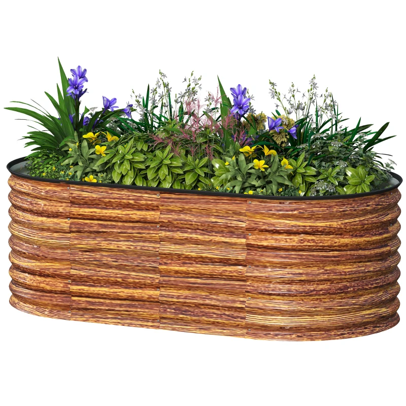 Outsunny 5 x 2.5 x 2 ft Galvanized Raised Garden Bed, Easy DIY Oval Planter Box with Safety Edging and Gloves, Brown Wood Effect
