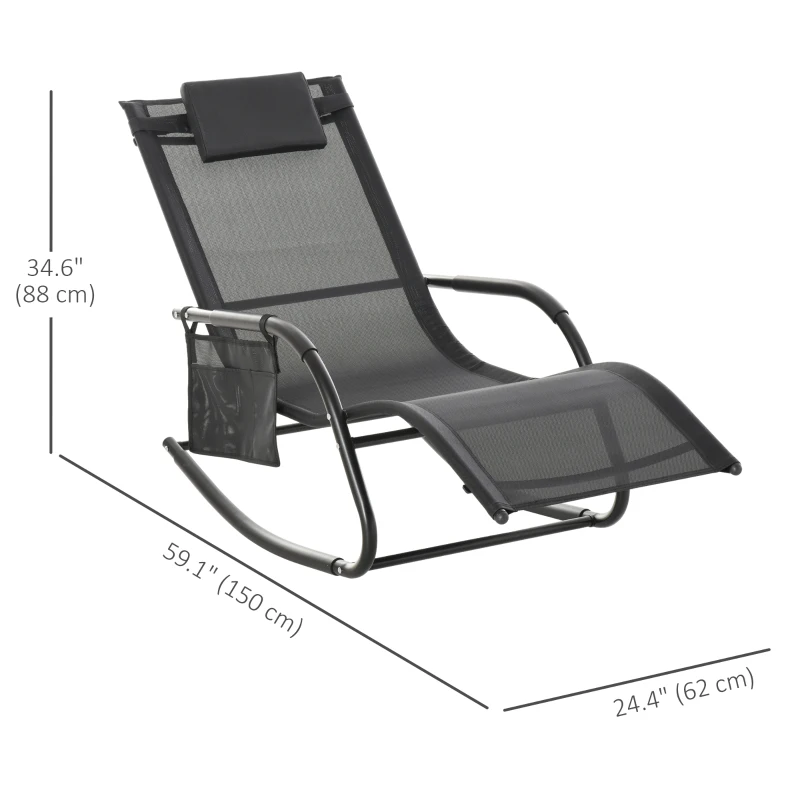 Outsunny Patio Rocking Chair with Mesh Fabric, Outdoor Rocking Sling Sun Lounger with Removable Headrest and Side Pocket for Garden, Deck, Lawn, Black