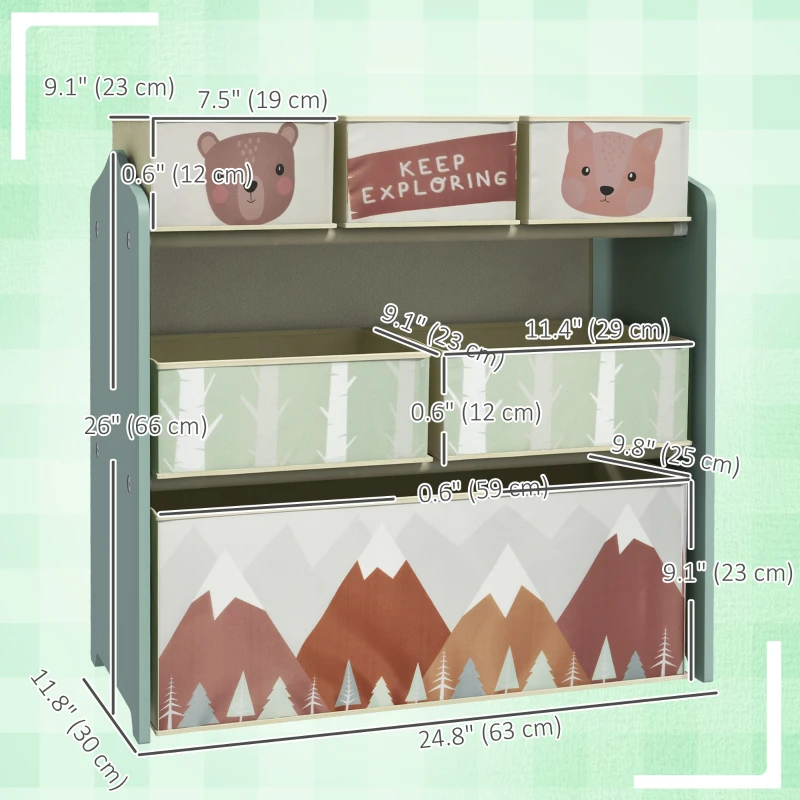 Qaba Toy Organizer with 6 Storage Bins, 25" x 12" x 26", Green