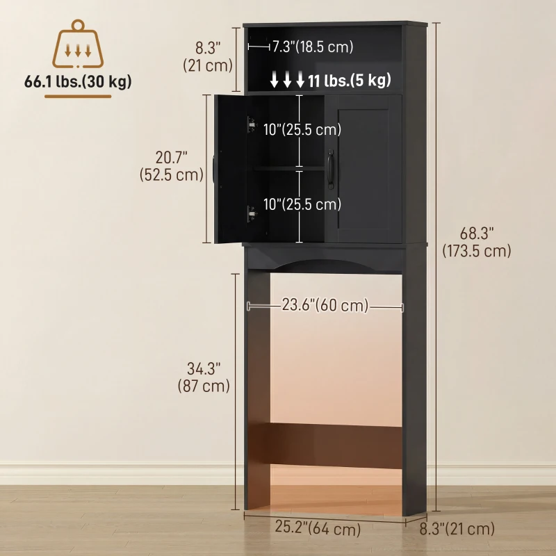 HOMCOM Over the Toilet Storage Cabinet Freestanding Bathroom Organizer with 2 Doors and Open Shelf Black