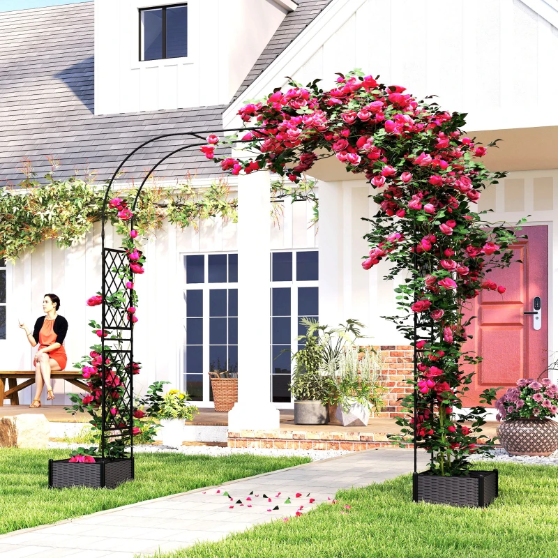 Outsunny Garden Arch Outdoor Trellis Arbor with 2 Planter Boxes, 109.4" x 15.7" x 86.6", Black