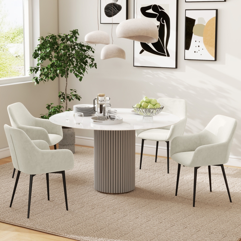 HOMCOM Dining Chairs Set of 2, Velvet-look Fabric Upholstered Kitchen Chairs with Backrest, Armrests and Steel Legs, Cream White