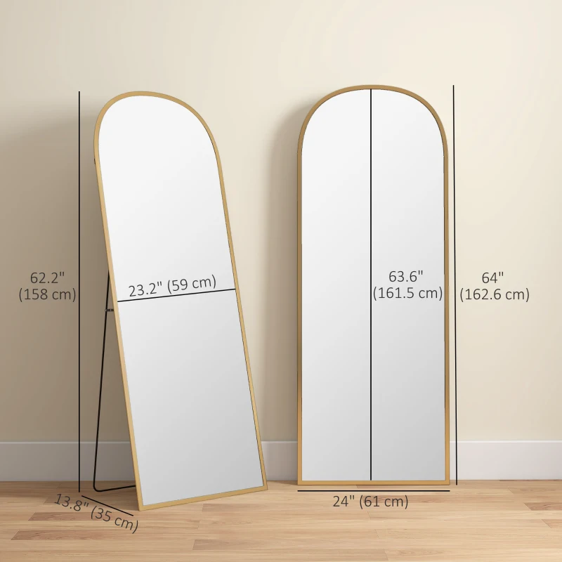HOMCOM Arched Standing Mirror, 64" x 24" Full Length Mirror, Free Standing or Wall Mounted for Living Room, Bedroom, Gold