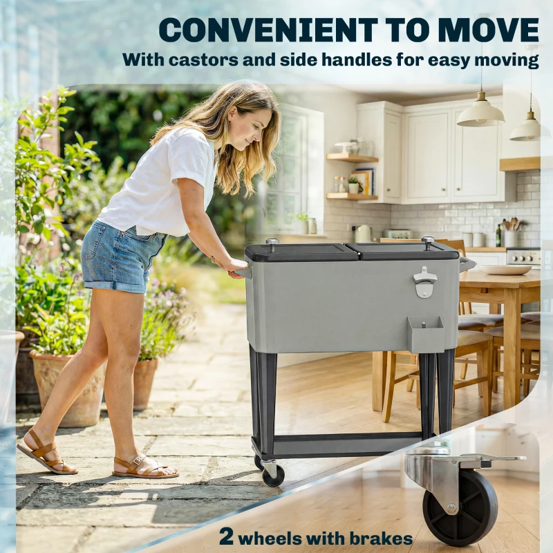 Outsunny 80 Quart Rolling Patio Cooler Cart with Storage Shelf, Patio Cooler with Locking Wheels, Bottle Opener & Cap Catcher