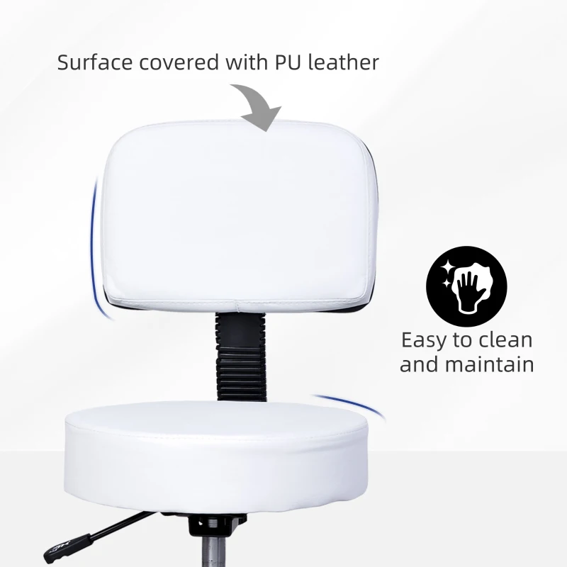 HOMCOM Adjustable Rolling Stool with Back, PU Leather Round Swivel Drafting Stool with Wheels for Kitchen, Salon Spa, Bar, Home Office, Massage, White