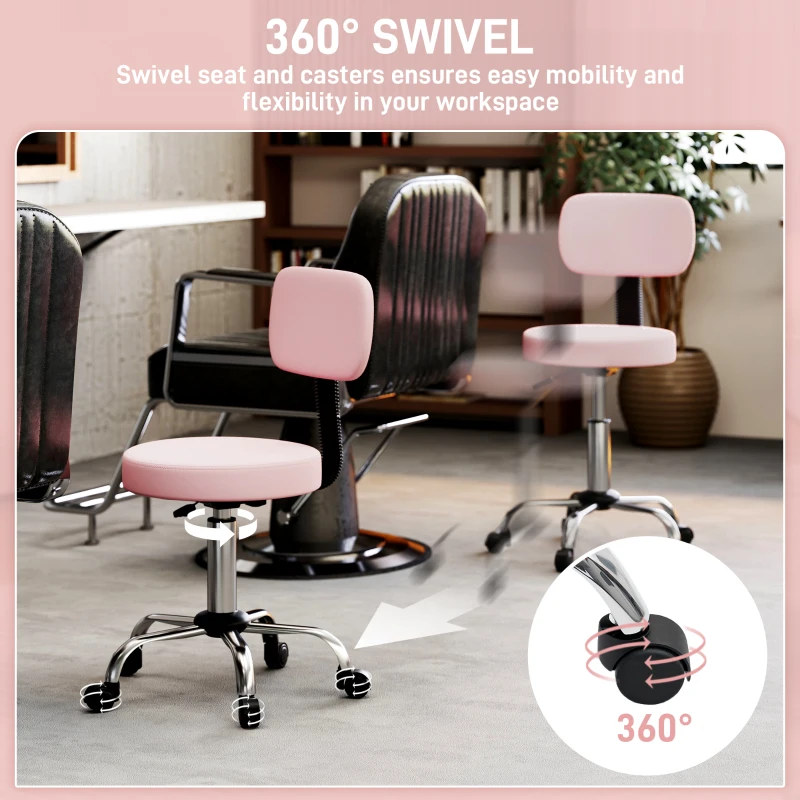 HOMCOM Adjustable Rolling Stool with Removable Backrest, Faux Leather Swivel Stool Chair for Salon Spa, Bar, Massage, Pink