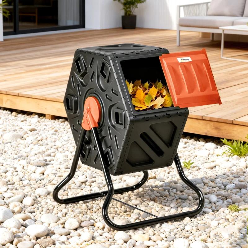 Outsunny Rotating Composter, Compost Bin with 24 Vents and Steel Legs, 17 Gallon, Orange