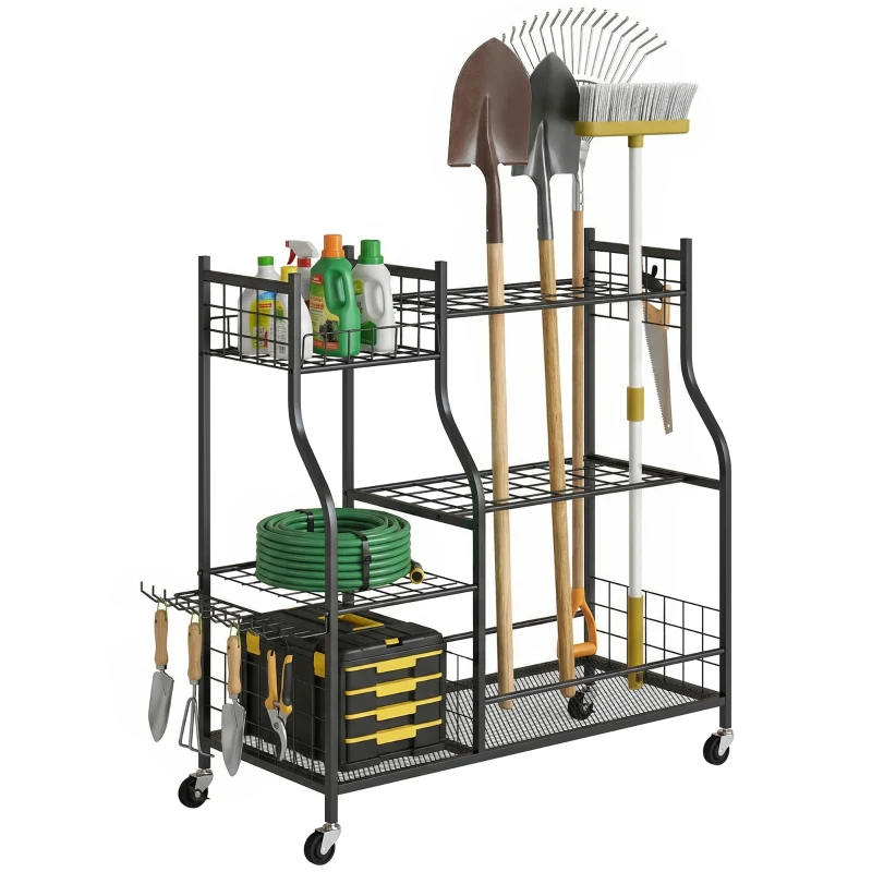 Outsunny Garden Tool Organizer for Garage, 3-Tier Yard Tool Storage Rack with 74 Slots, 4 Wheels and 11 Hooks