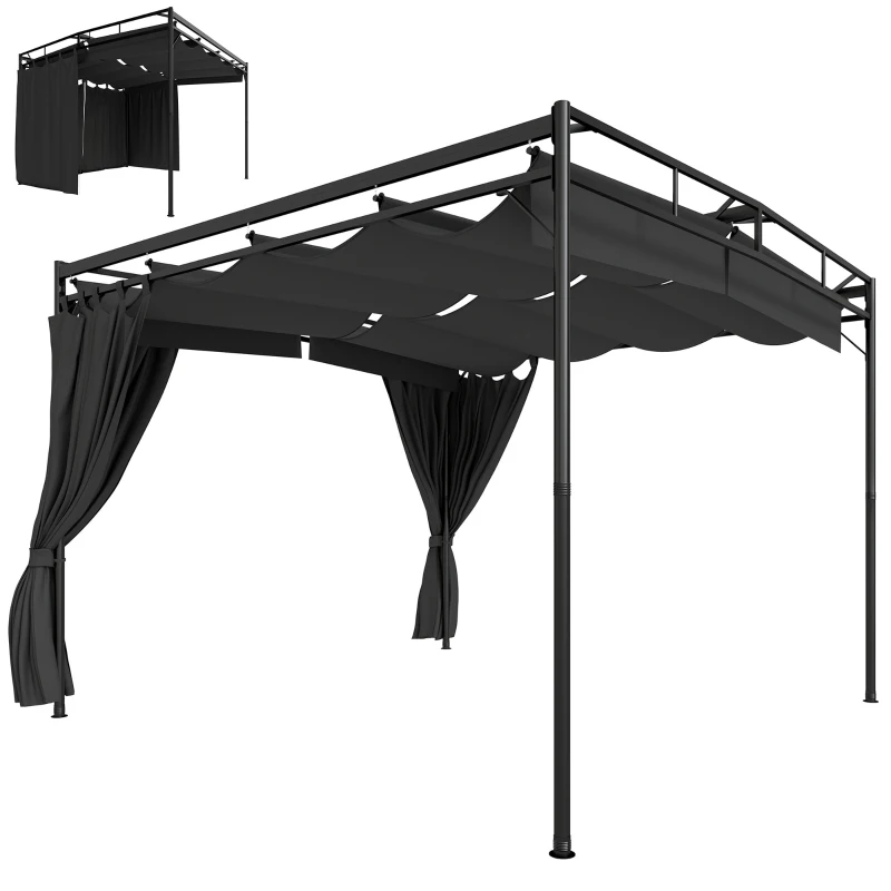 Outsunny 10' x 10' Retractable Pergola Canopy, Outdoor Pergola with Curtains, Metal Garden Gazebo Sun Shade Shelter for Patio