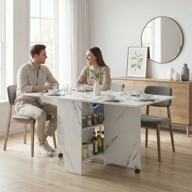 HOMCOM Extendable Dining Table, Collapsible Folding Table with 2-tier Shelves and Rolling Casters, Marble White