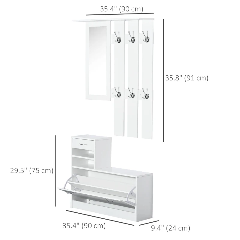 HOMCOM Entryway Organizer Unit, 3 In 1 Design Hall Tree with 6 Hooks, Mirror, Coat Rack Shoe Storage Shelf with Coat Hanger for Hallway Living Room White