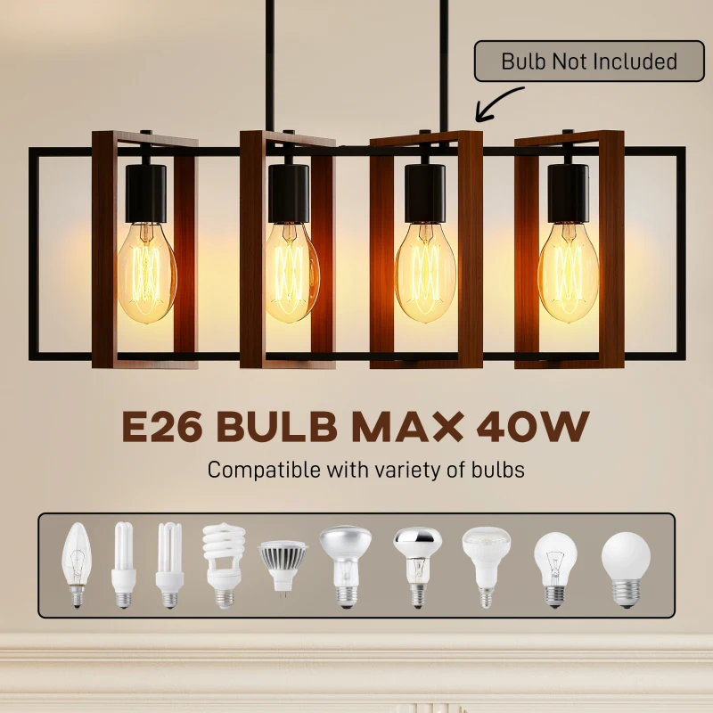 HOMCOM Farmhouse Kitchen Island Lighting, Linear Pendant Light with 4 Rotatable Frames and Adjustable Height, Walnut