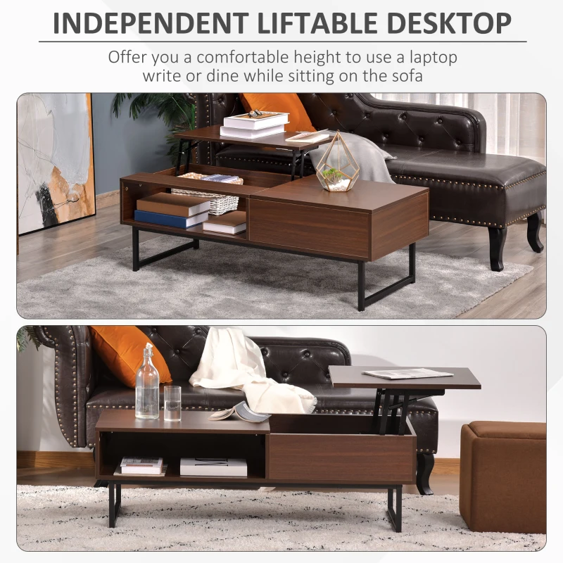 HOMCOM Modern Lift Top Coffee Table with Hidden Storage Compartment and Metal Frame, Center Table for Living Room, Brown