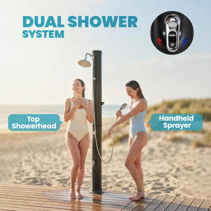 Outsunny 10.6 Gal Solar Heated Shower, 7.2 FT Outdoor Shower with 2 Shower Heads, Adjustable Temperature, Foot Faucet