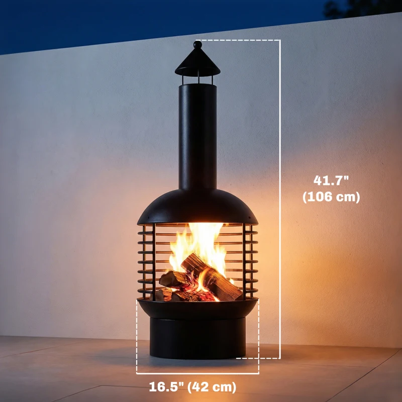 Outsunny Outdoor Fire Pit, Portable Wood Burning Firepit with Poker, Charcoal Grid, Modern Chimney Design Fireplace, Black