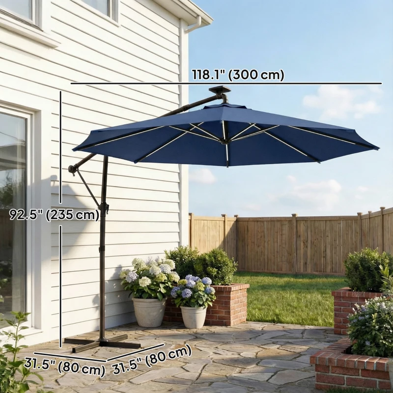 Outsunny 10 ft Offset Patio Umbrella with Solar Light, Garden Hanging Parasol with 360° Rotation, Tilt, Cover, Navy Blue