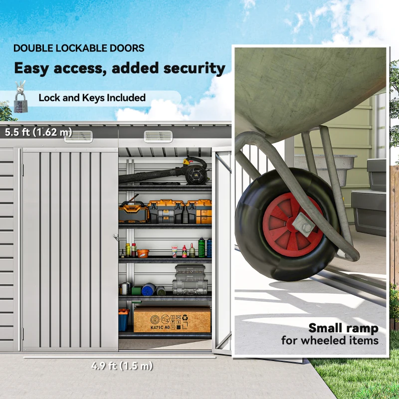 Outsunny 8 x 4FT Galvanized Garden Storage Shed, Metal Outdoor Shed with Double Doors and 2 Vents, Light Grey