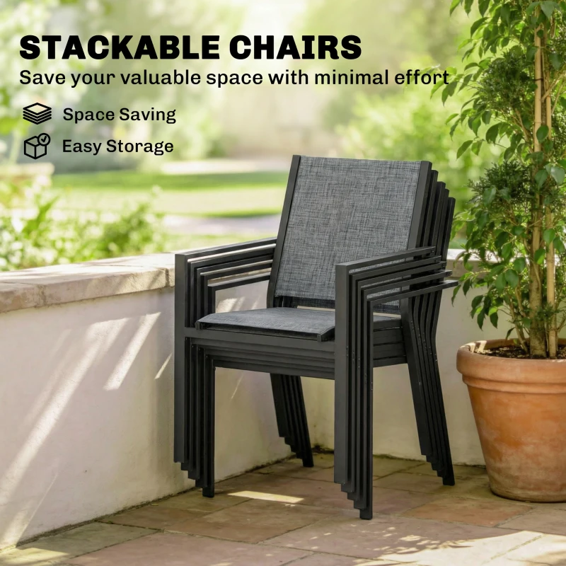 Outsunny Outdoor Dining Set for 6, Faux Wood Metal Patio Table and Mesh Stackable Chairs with Umbrella Hole, Black