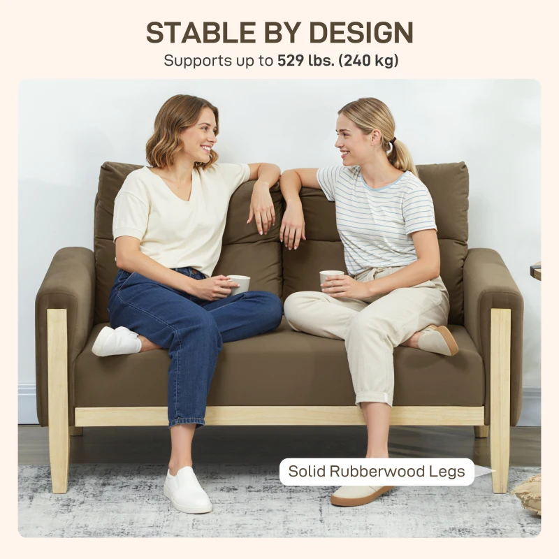 HOMCOM 53" Loveseat Sofa, Small 2 Seater Couch with Solid Wood Legs, Modern Velvet Sofa for Living Room, Small Spaces,Brown