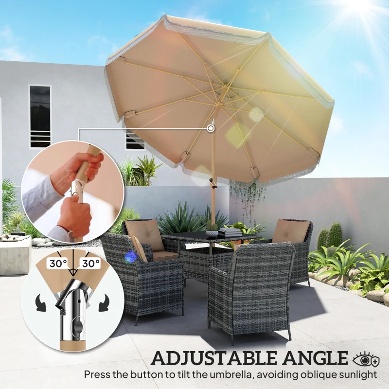 Outsunny 9 ft Patio Umbrella with Push Button Tilt and Crank, Fringed Outdoor Market Table Umbrella Parasol, Khaki