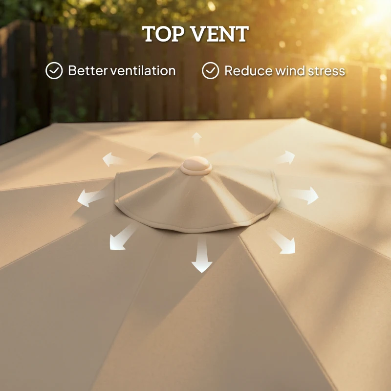 Outsunny 9 ft Patio Umbrella with Push Button Tilt and Crank, Fringed Outdoor Market Table Umbrella Parasol, Khaki