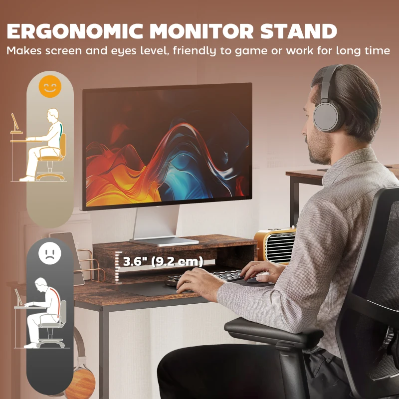 HOMCOM 96 Inch Gaming Desk, Dual Computer Desk for 2 Person with Power Outlets and Monitor Stands, Rustic Brown