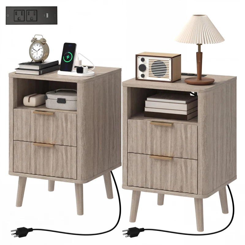 HOMCOM Nightstands Set of 2, Modern Bedside Tables with Charging Station, 2 Drawers and Open Shelf, Grey