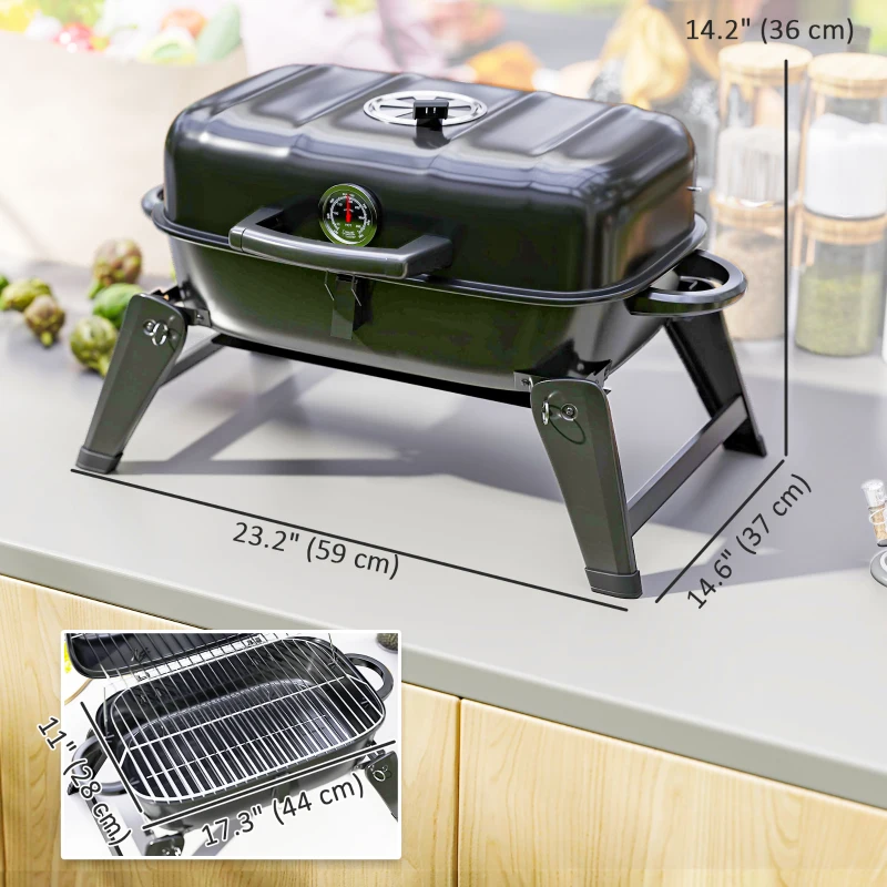 Outsunny Charcoal BBQ Grill, Foldable Barbecue Grill with Warming Rack, Adjustable Vent, Thermometer, Handles, Black