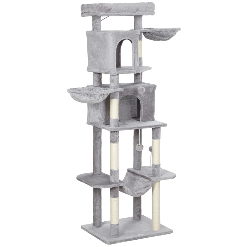 PawHut 69" Cat Tree, Multi-Level Cat Tower with 2 Condos, Plush Perch and Sisal Scratching Posts, Light Grey