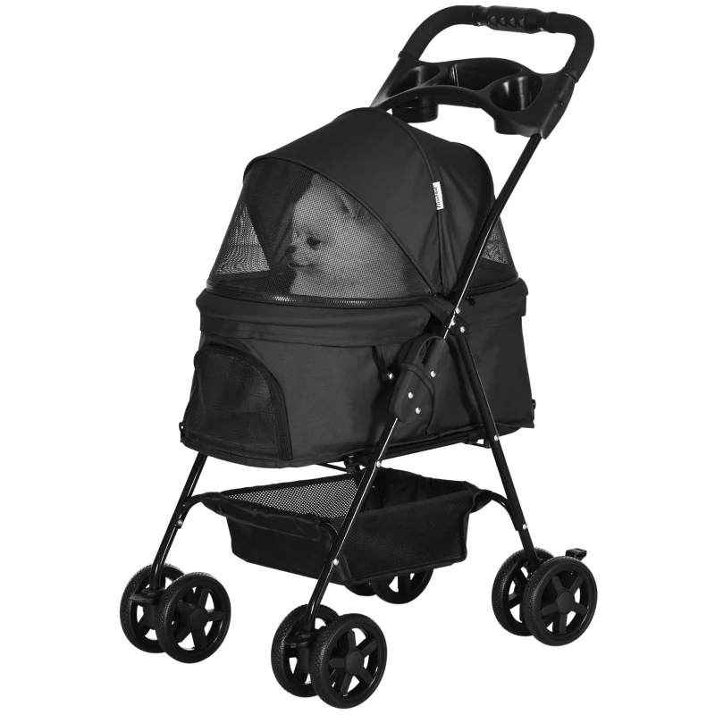 PawHut Dog Stroller Foldable Design with Storage Basket, Adjustable Canopy, Cup Holder, Safety Leashes, for Mini Dogs, Black
