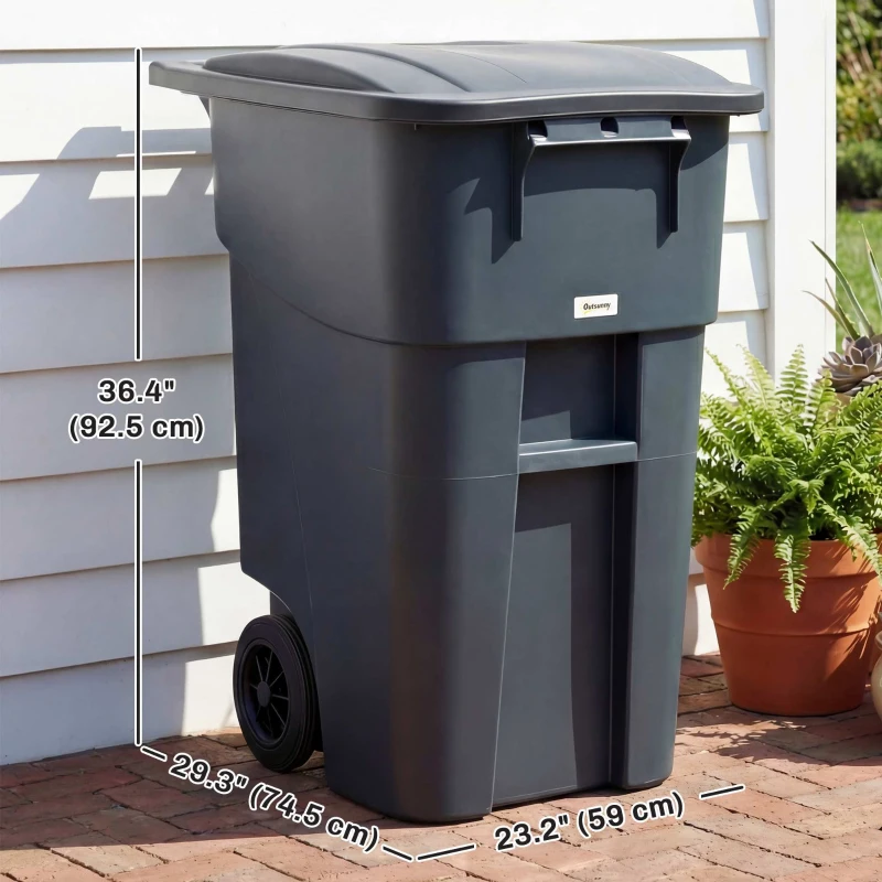 Outsunny Outdoor Garbage Bin with Lid and Wheels, 53 Gallon Large Trash Can Garbage Can with Handle for Patio, Yard, Dark Grey