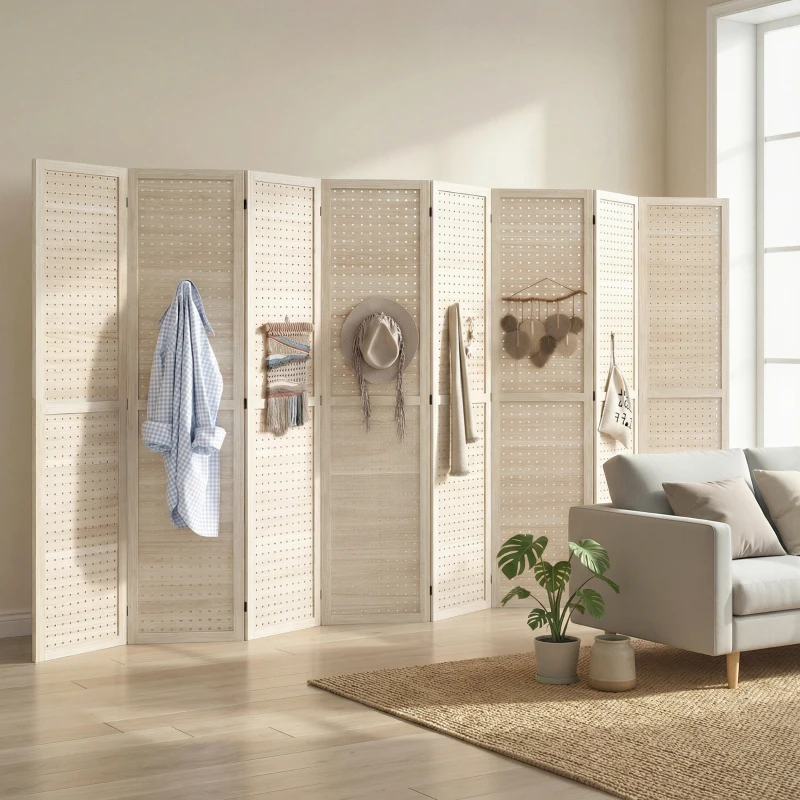 HOMCOM 5.6 Ft. Tall 8-Panel Room Divider, Pegboard Panel Folding Privacy Screen, Partition Wall Divider for Bedroom, Natural