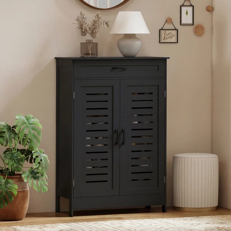HOMCOM Shoe Cabinet with Louvered Doors, Modern Shoe Storage Cabinet with Drawer and Adjustable Shelves, Black
