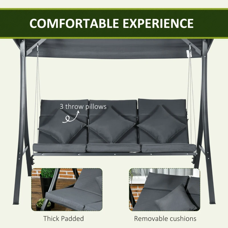 Outsunny 3-Person Patio Swing Chair, Outdoor Porch Swing Bench with Adjustable Canopy, Cushioned Seat, Dark Grey
