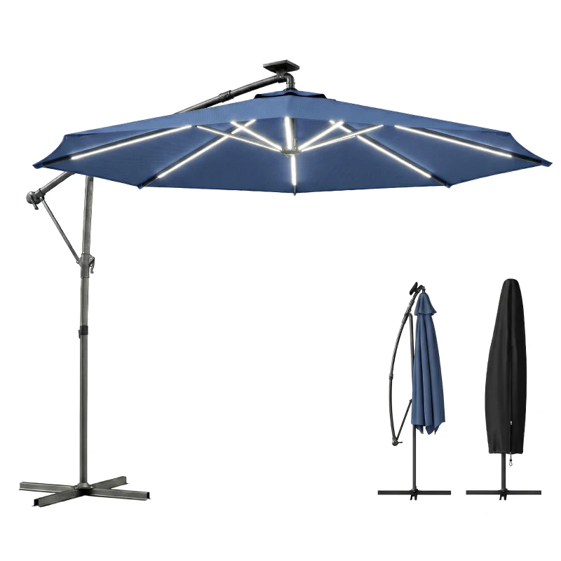 Outsunny 10 ft Offset Patio Umbrella with Solar Light, Garden Hanging Parasol with 360° Rotation, Tilt, Cover, Navy Blue