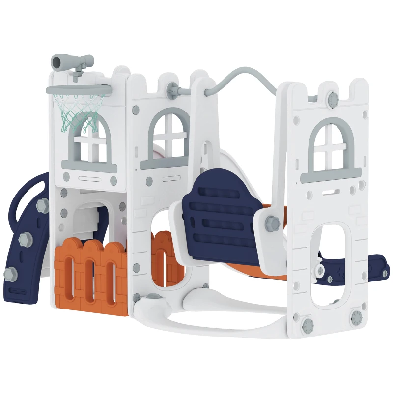 Qaba 6-in-1 Slide and Swing Set Baby Swing Playset Indoor with Basketball Hoop, Climber, Storage Space, Telescope, Orange
