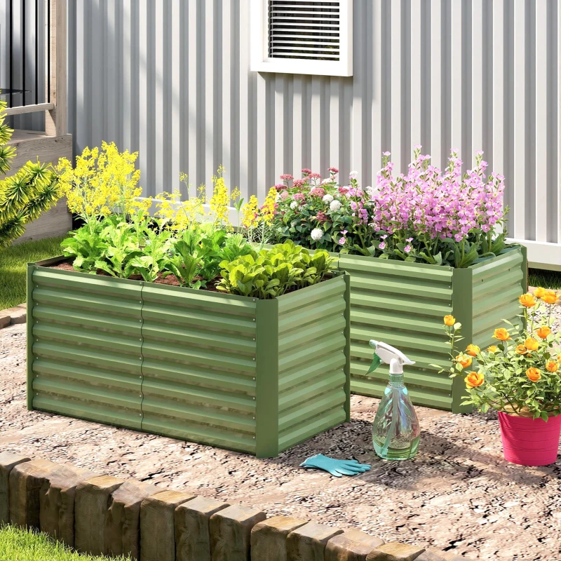 Outsunny Set of 2 Galvanized Metal Planters for Outdoor Plants, 4' x 2' x 2' Raised Garden Bed, Light Green