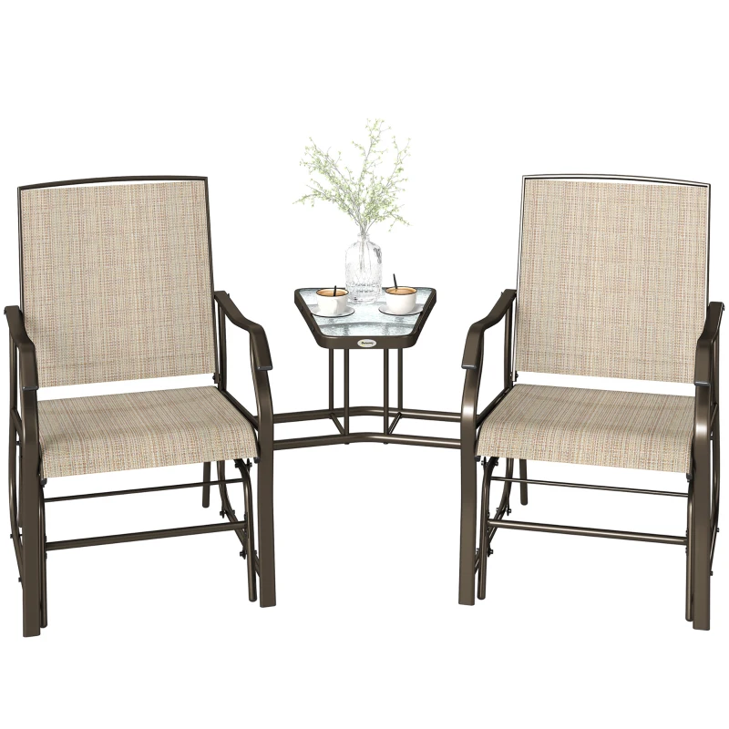 Outsunny Double Patio Glider Chair with Glass Top Center Table, Outdoor Glider Loveseat with High Back,  All Weather Breathable Mesh Fabric for Garden, Backyard, Deck, Light Brown