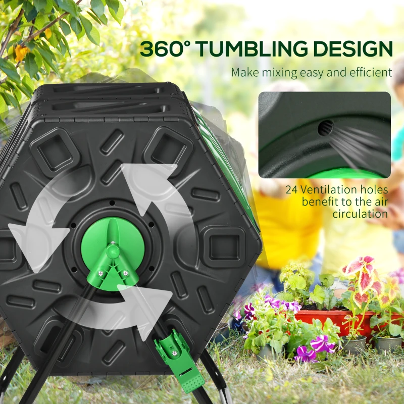 Outsunny Rotating Composter, Dual Chamber Compost Bin with 24 Vents and Steel Legs, 34.5 Gallon, Green