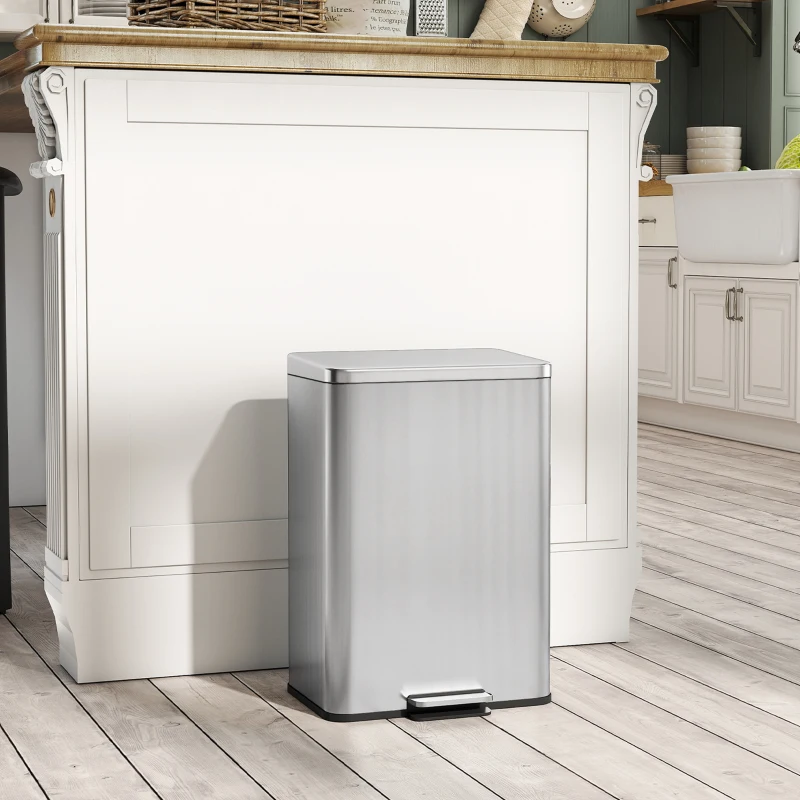 HOMCOM 5.3 Gallon/20 L Garbage Bin with Soft Close Lid, Trash Can with Removable Inner Bucket for Kitchen, Office, Silver